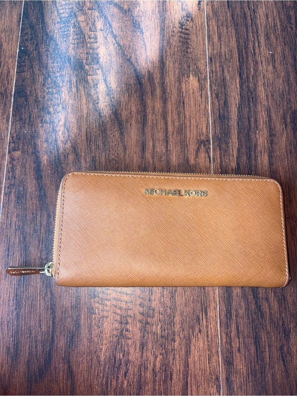 Michael Kors Cognac Zip Wallet with Gold Logo